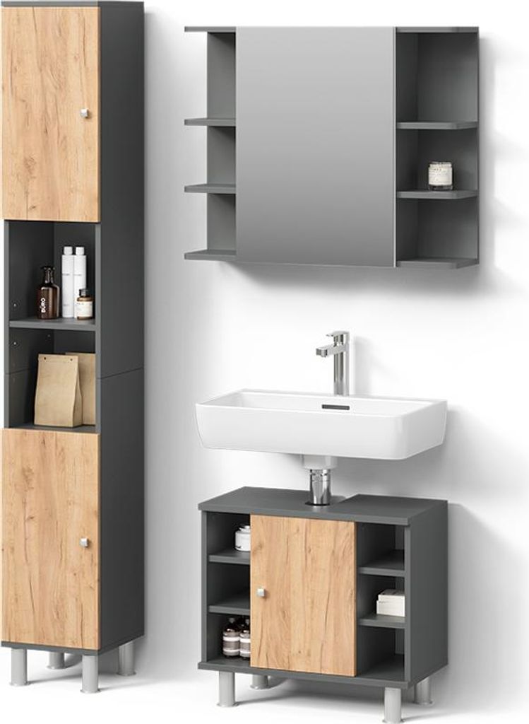 Badmöbel-Set Livinity Fucino Anthrazit/Goldkraft Eiche 3 Teile mit Hochschrank, Model 56247