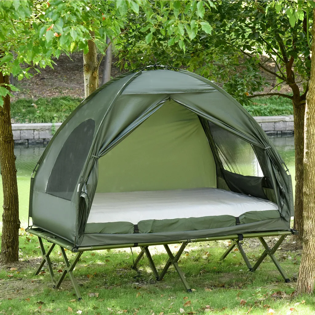 Lit de camping surélevé avec tente dôme et matelas - 193x136x178cm Vert
