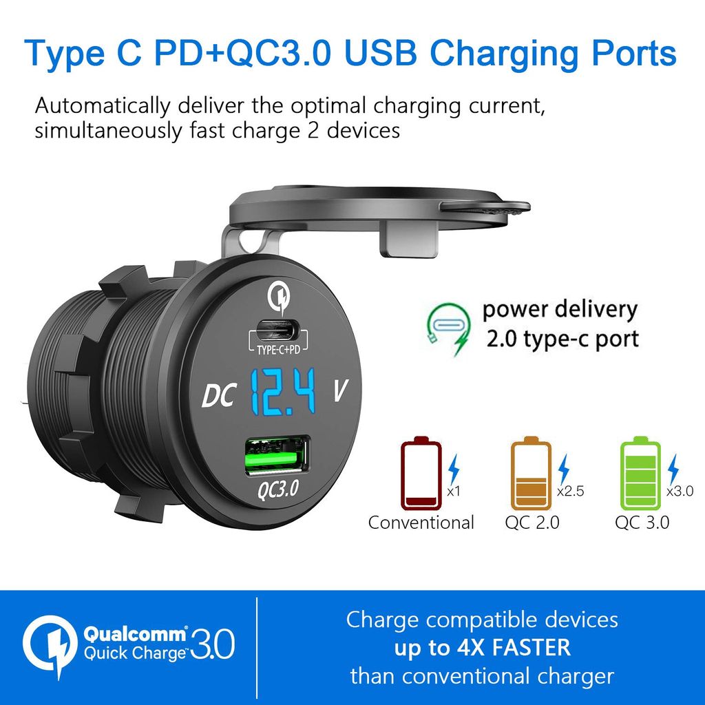 12V Quick Charge 3.0 USB SUV Car Charger Waterproof 18W Type C PD Outlet LED NEW 