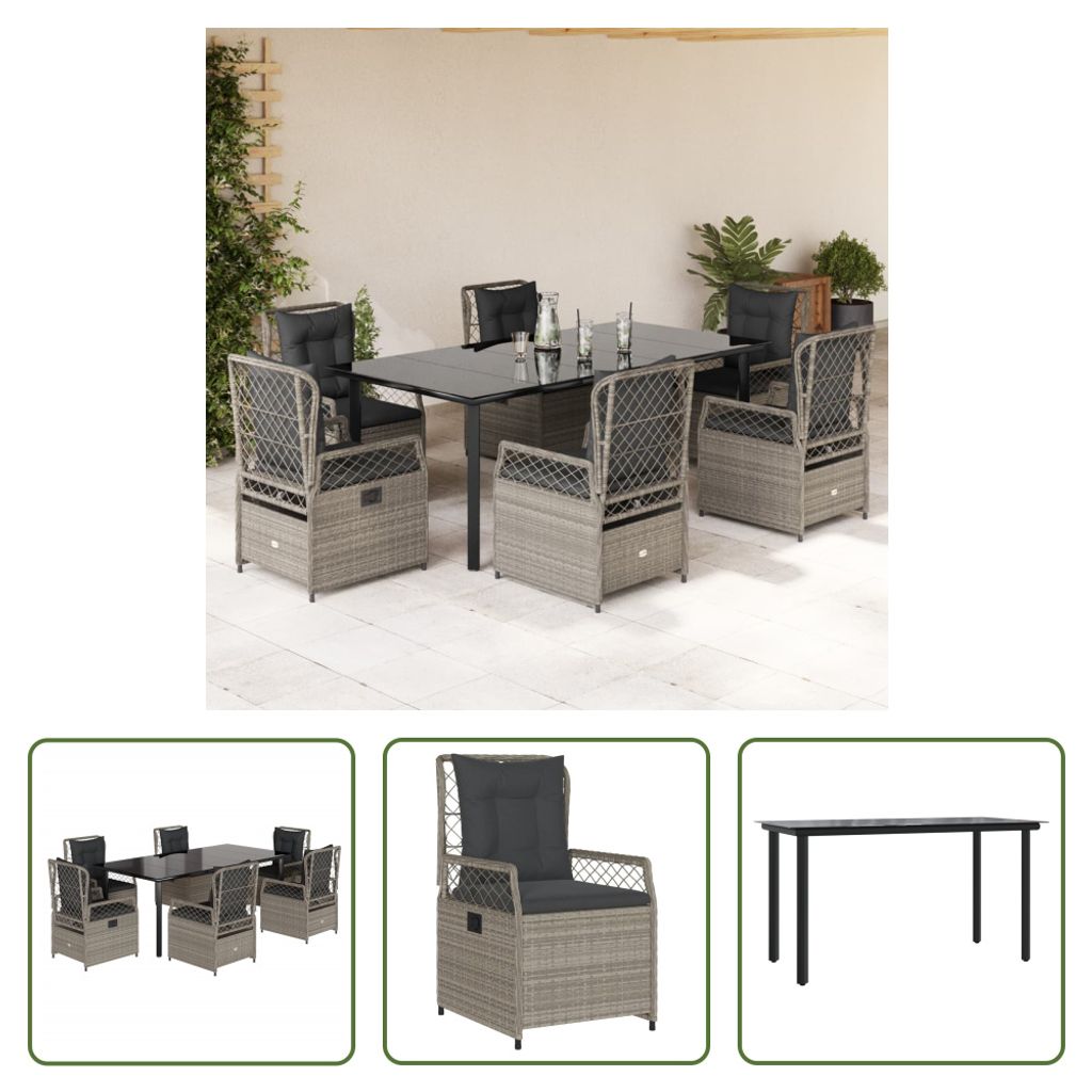 The Living Store 7-tlg. Garten-Essgruppe mit Kissen Hellgrau Poly Rattan