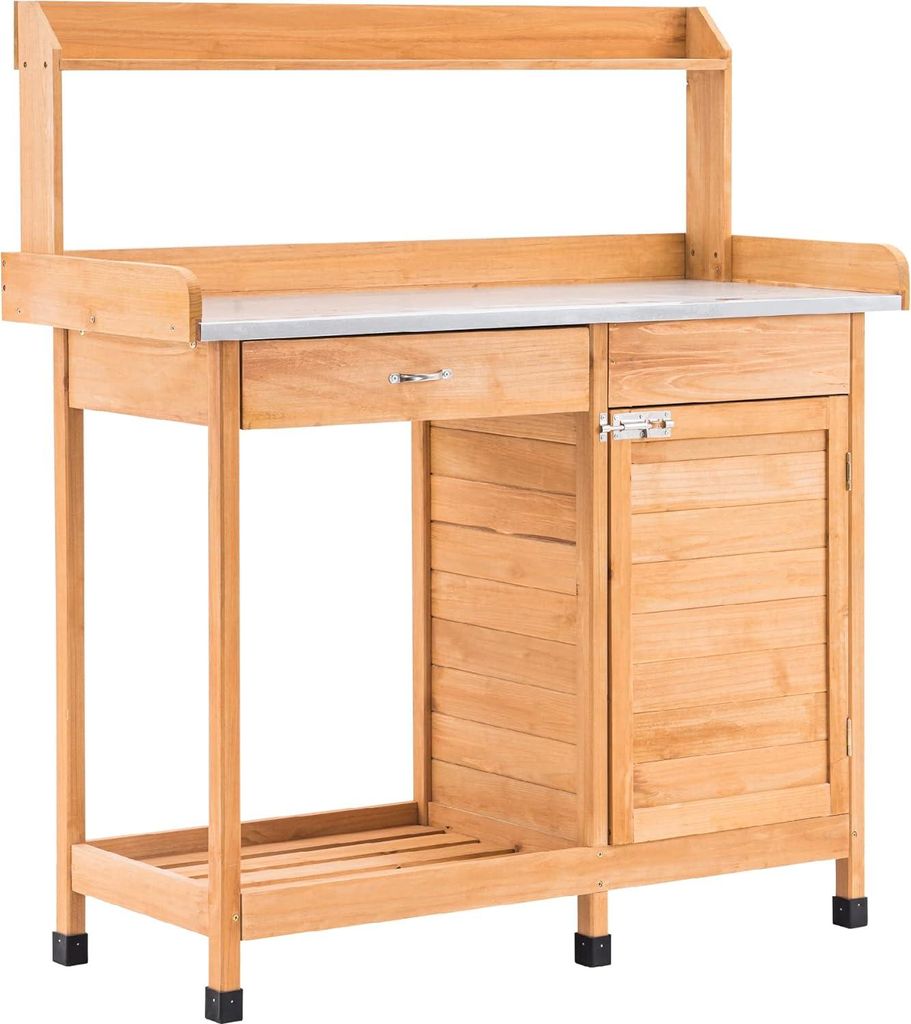 Pflanztisch mit Arbeitsplatte und Schublade - Wetterfest, Holztisch für Garten und Blumen 112 x 47 x 125 cm