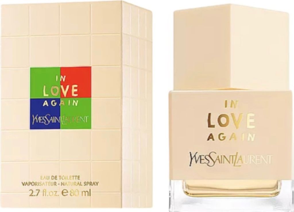 A perfume bottle and its packaging are displayed side-by-side against a white background.
