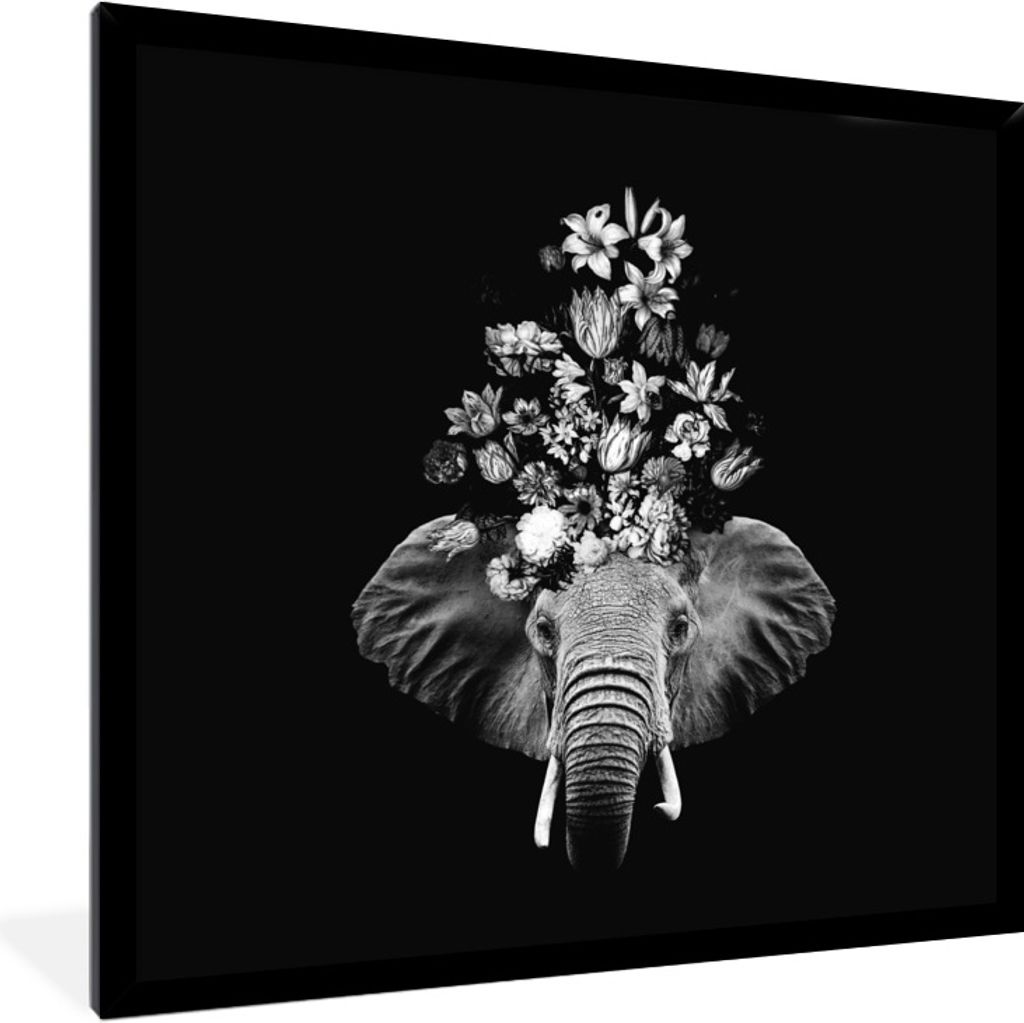 MuchoWow® Gerahmtes Poster Elefant - Blumen - Schwarz - Produktbild 