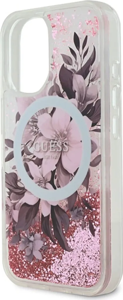 Custodia Guess Liquid Glitter Flower per iPhone 16 Rosa MagSafe - 6