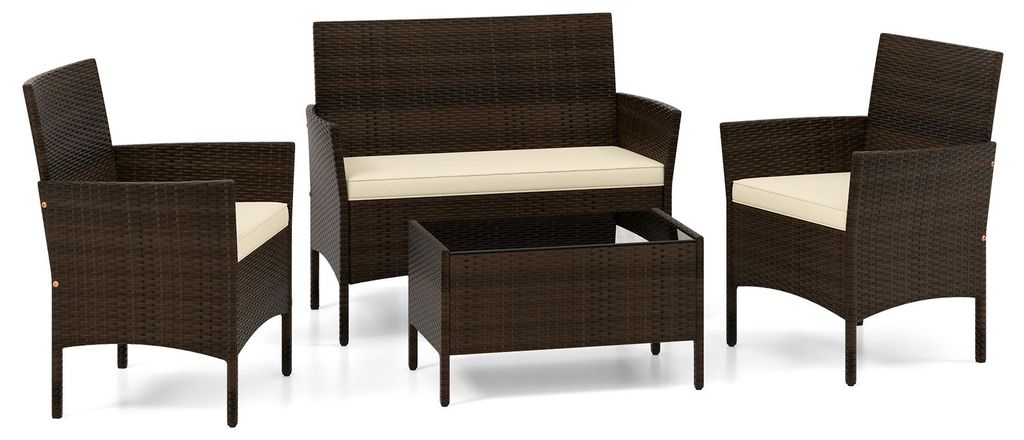 COSTWAY Polyrattan Gartenmöbel Set, Outdoor Lounge Möbel, Sitzgruppe mit 2 Sessel, Bank, Tisch & Sitzkissen, Terrassenmöbel, Gartengarnitur Beige