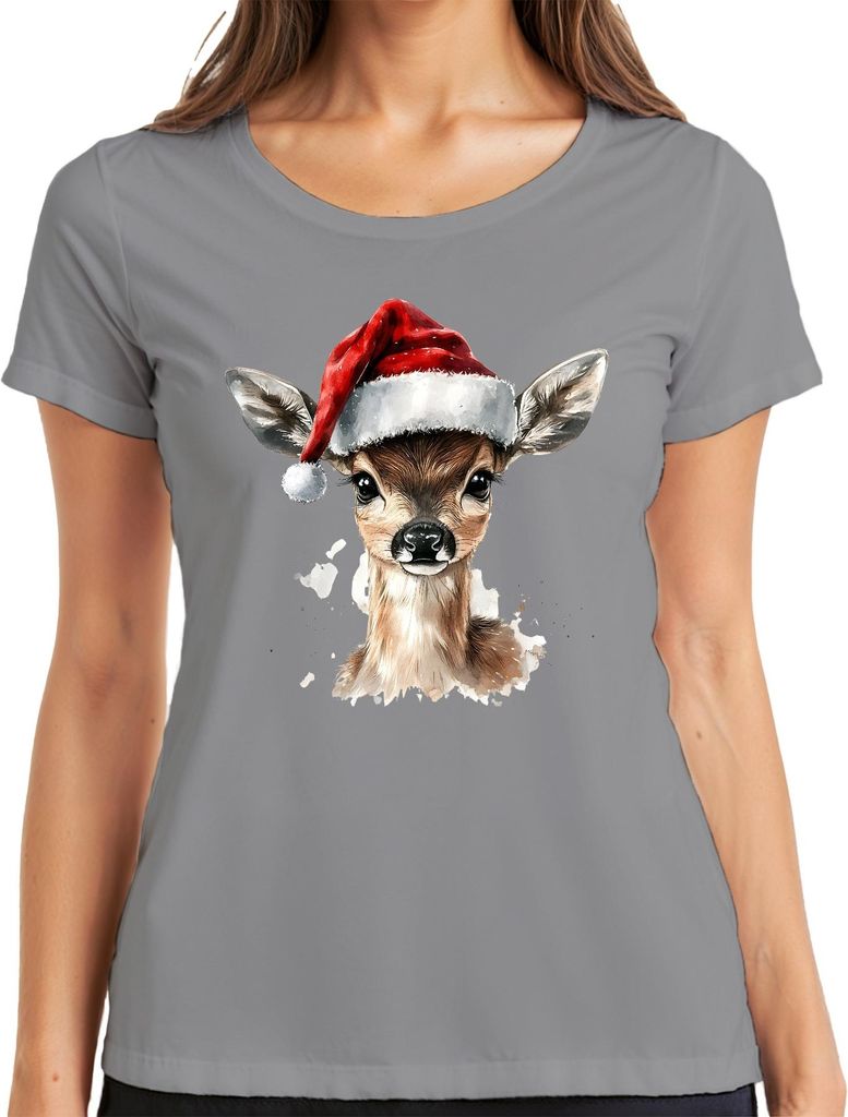 Rehkitz Weihnachten Aquarell süß Geschenk niedlich Santa Damen T-Shirt, Grau, XL