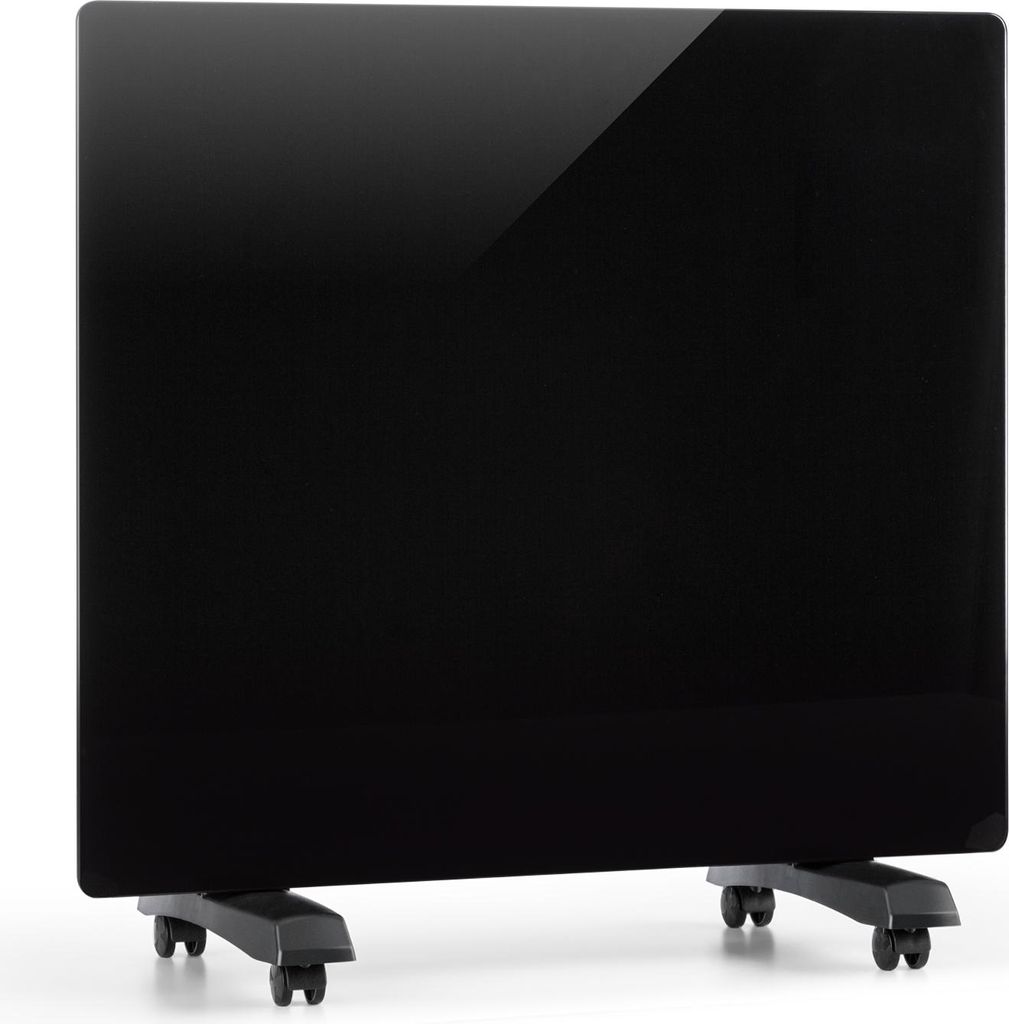 A black electric heater with wheels on a white background.