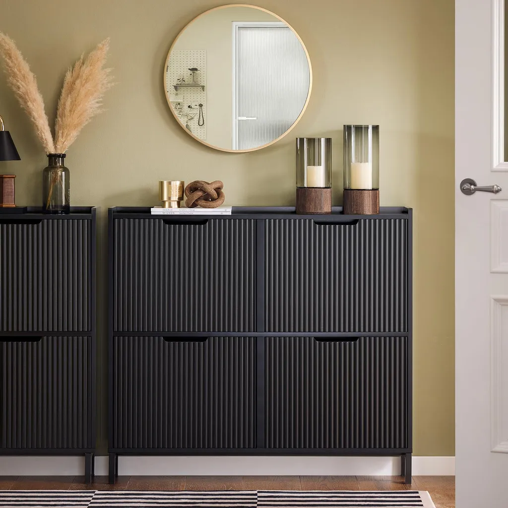 SoBuy FSR177-L-SCH Armoire à chaussures étroite 4 abattants Noir 100x91cm