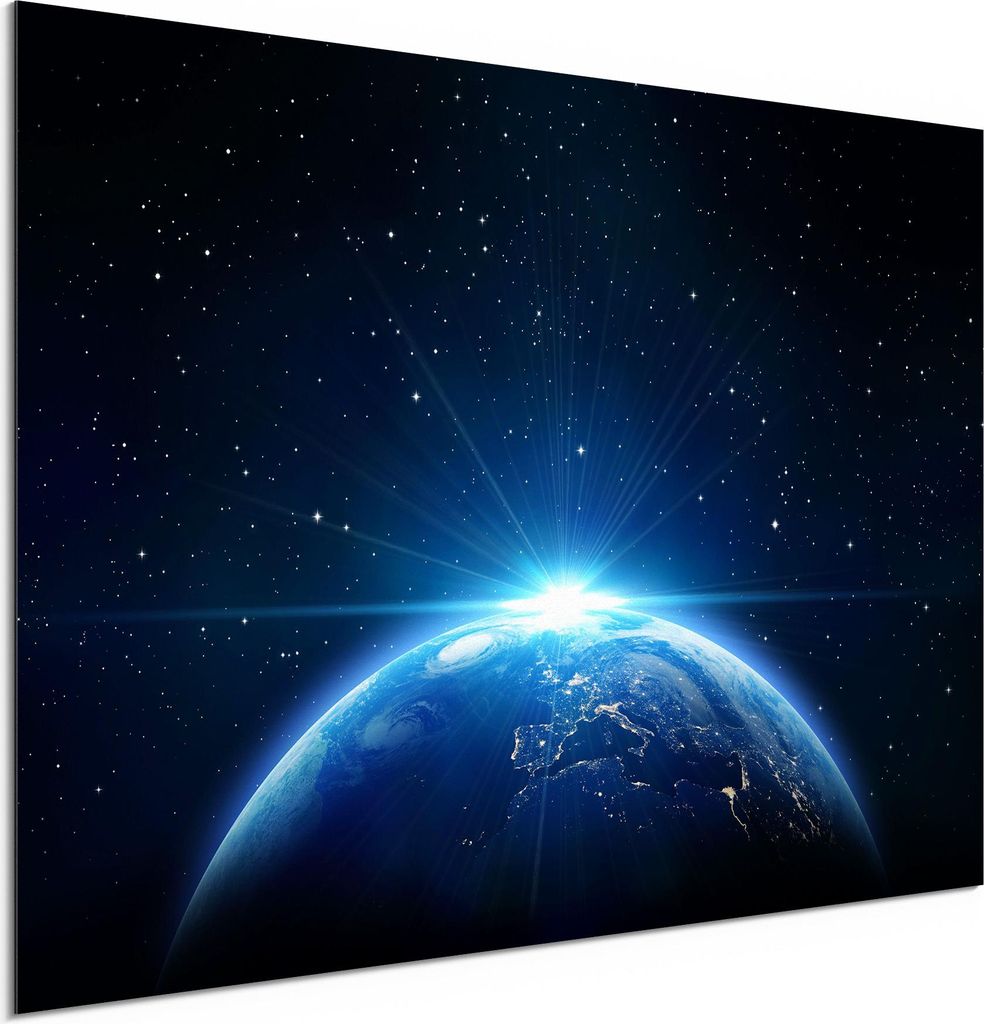 DEQORI Alu-Dibond Bild Weiß 60x40 cm 'Sonnenaufgang im All' Wandbild Metall dünn Design