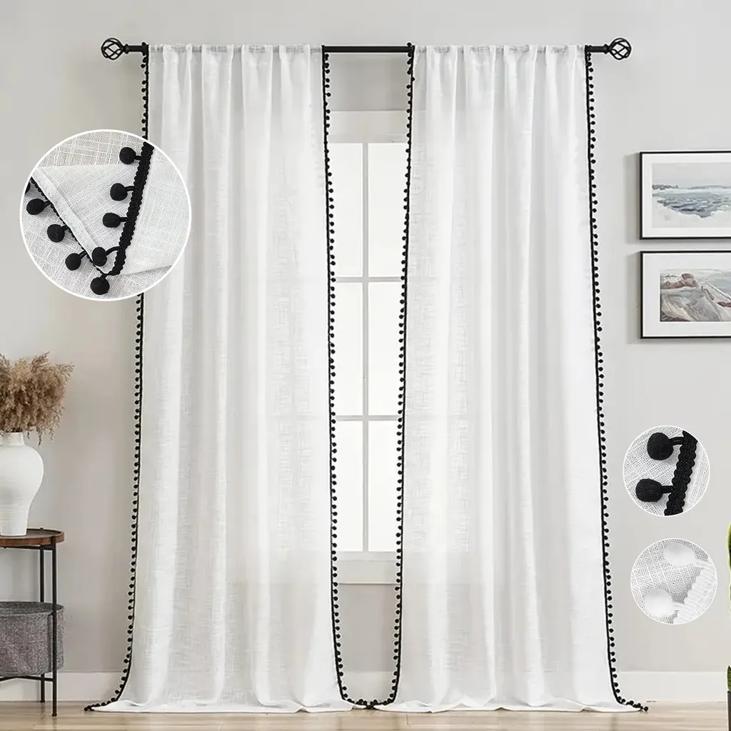2 Tende a Rullo Effetto Lino Pompon Neri 132x274cm | Arredo Moderno