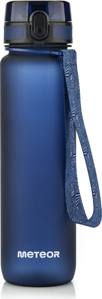 A dark blue water bottle with a strap and a flip-top lid.