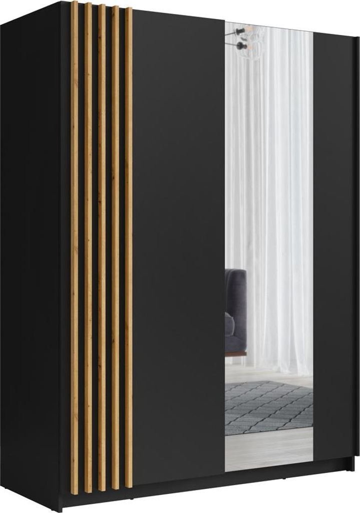 Schlafzimmer Kleiderschrank mit 200 cm Breite in Schwarz mit Eiche, 2 Schiebetüren - BILTOFT-166