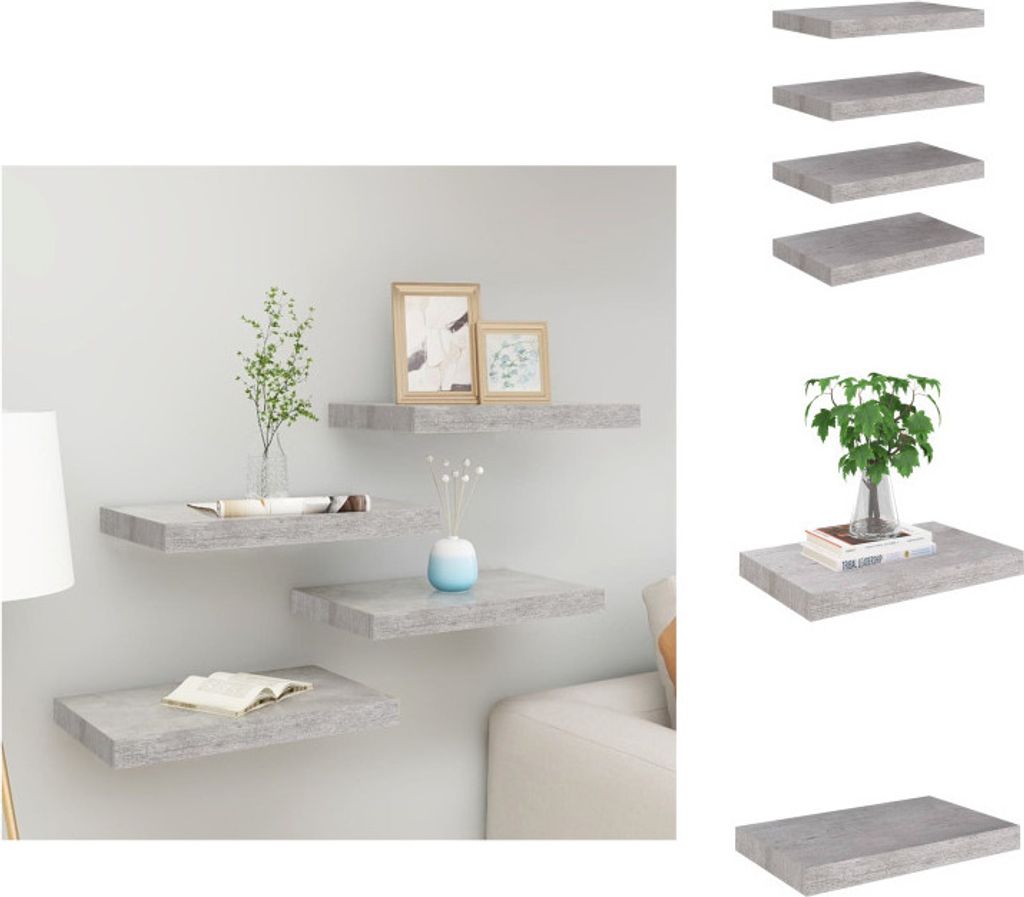 vidaXL Schweberegale 4 Stk. Betongrau 40x23x3,8 cm MDF - Wandregale
