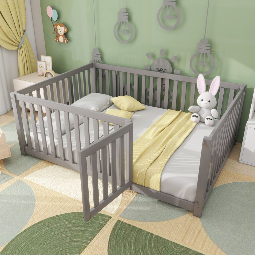 okwish Kinderbett 140x200 mit Matratze,Einzelbett,Holzboden Bettrahmen mit Zaun und Tür,Grau