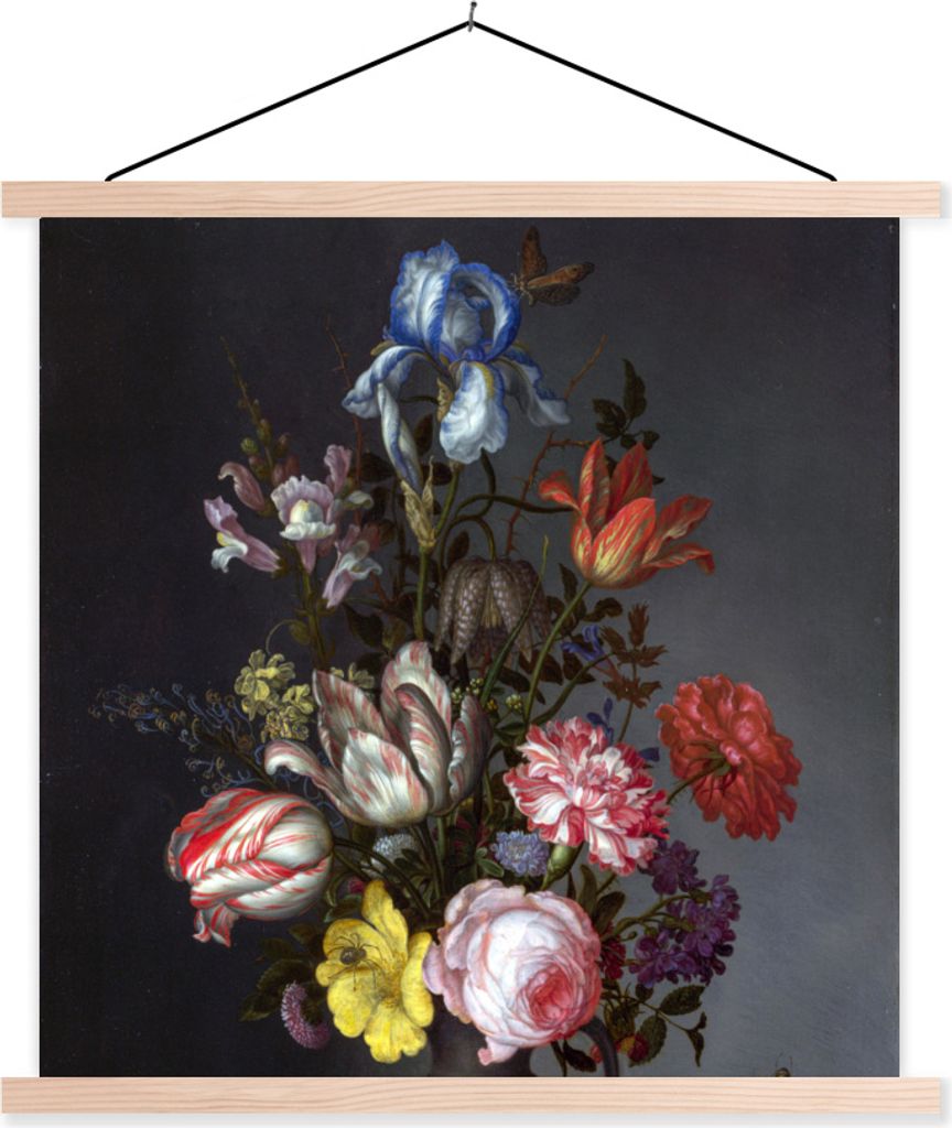 MuchoWow Textilposter Blumen in einer Vase mit Muscheln und Insekten - Balthasar van der Ast 120x120 cm mit holzfarbenen Rahmen - Textil-Poster