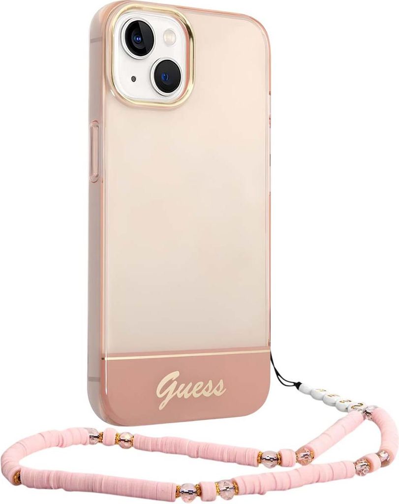 Guess iPhone 14 & 13 Hardcase Backcover - Translucent - Whiteh strap - Pink