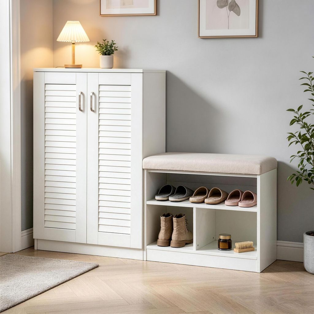 MinteLiv Schuhschrank L-Form Weiß mit Sitzbank und 9 Produktbild 