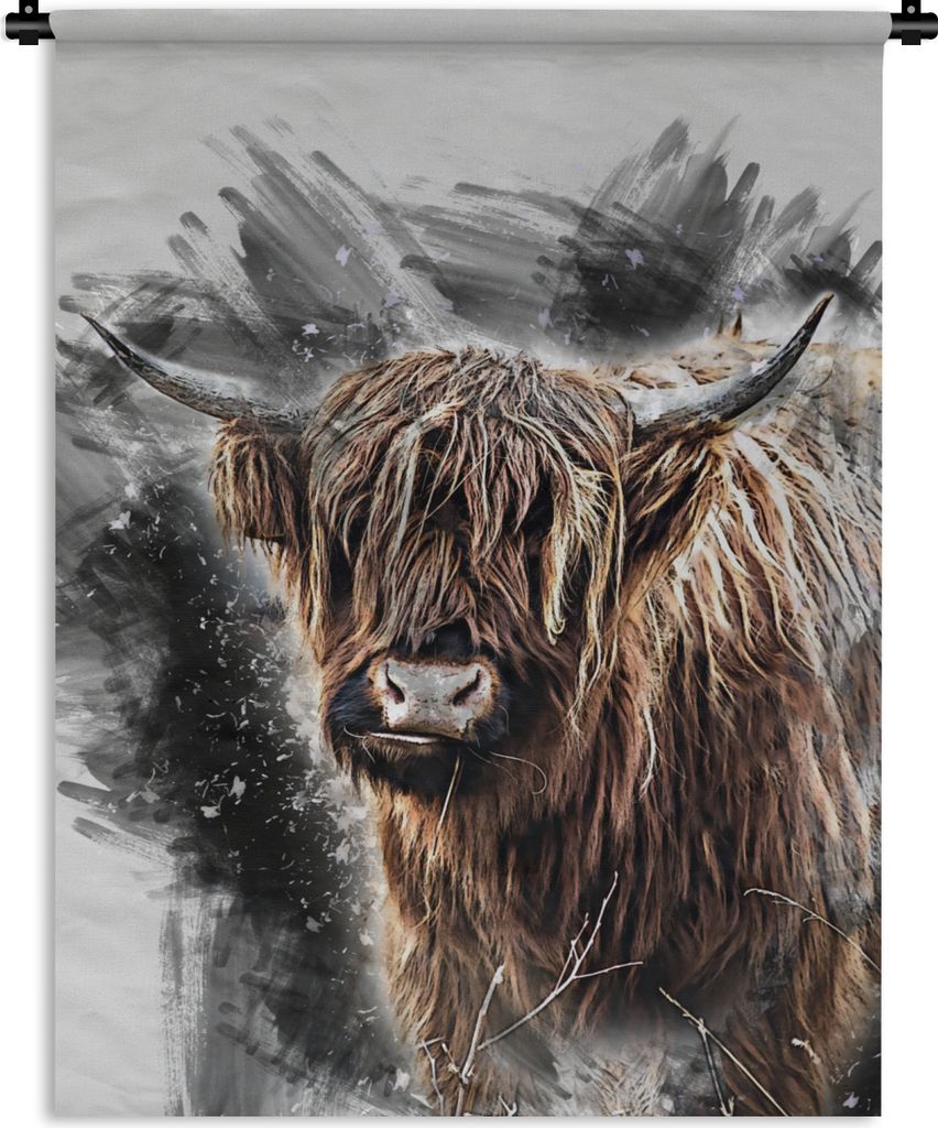 MuchoWow Wandteppich Wandbehang Scottish Hochlandrind - Farbe - Schwarz 90x120 cm Tapisserie Dekoration Wandtuch - Wanddeko