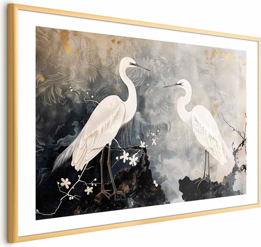Poster Aironi e Fiori di Ciliegio 60x40 cm - Cornice Dorata Lusso