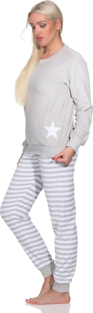 Normann Damen Frottee Schlafanzug langarm mit Bündchen in Sterne Optik - auch in Übergröße ; grau , 40