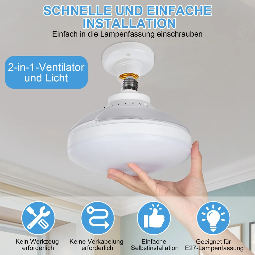 Ventilateur de Plafond E27 avec Éclairage LED et Télécommande - 20cm