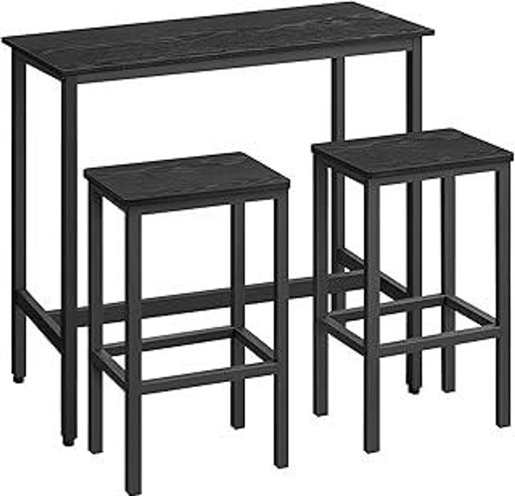 VASAGLE Bartisch mit Barhocker Set, Essgruppe, Stehtisch mit 2 Stühlen, Stahlgestell, Industrie-Design, ebenholzschwarz-tintenschwarz LBT218B56