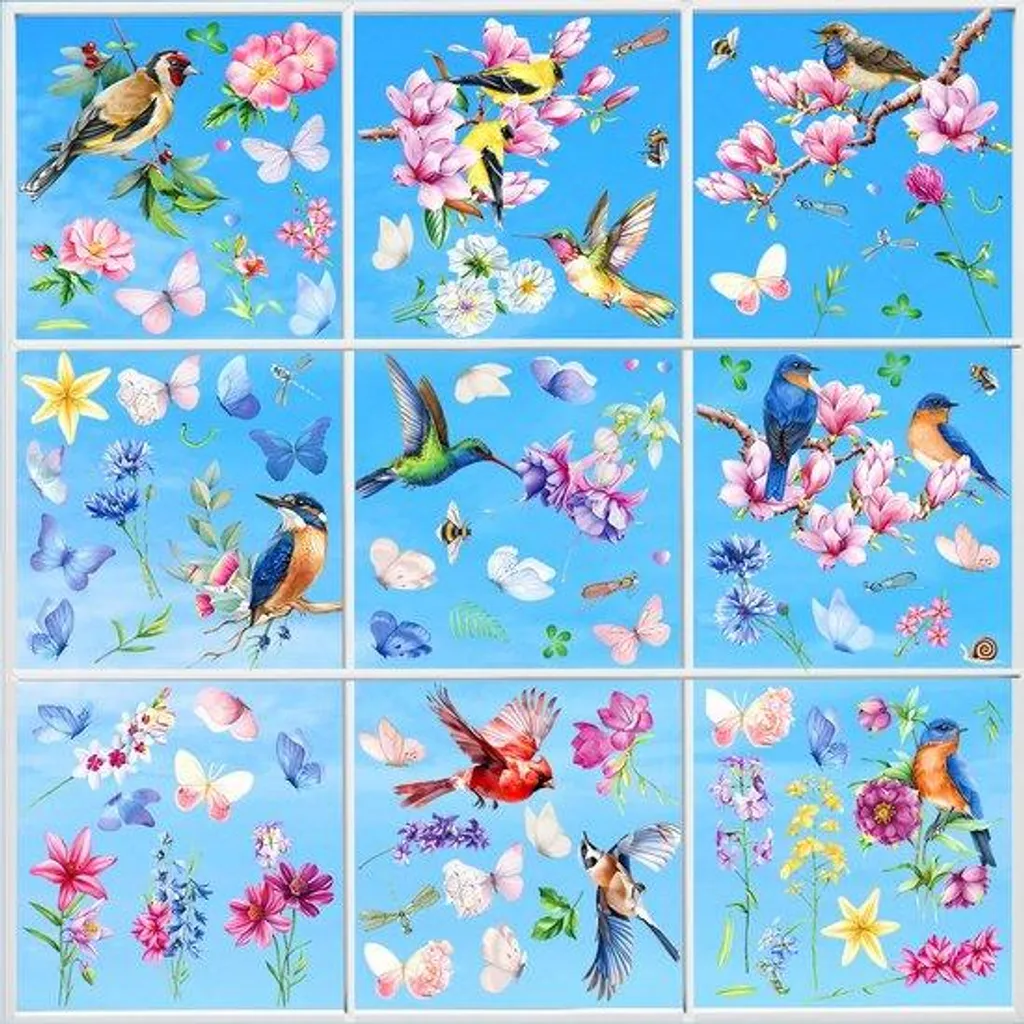 Relooking Mural Sans Peinture - Stickers Oiseaux et Fleurs PVC 9pcs