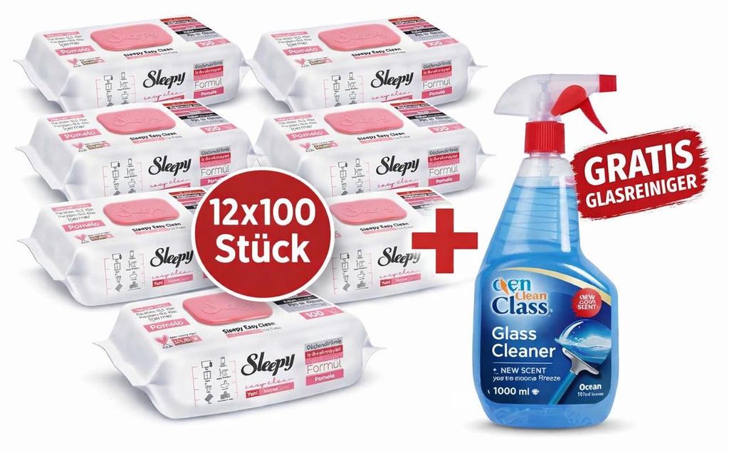 Sleepy Easy Clean Oberflächenreinigungstücher – 12x100 Pomelo + Glasreiniger GRATIS