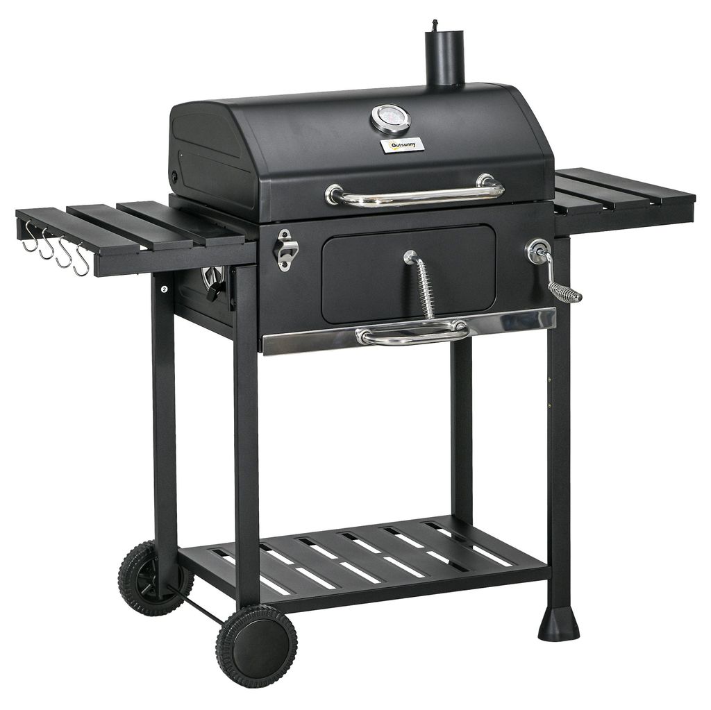 Holzkohlegrill & Campinggrill – mit 2 Grillrosten, klappbaren Seitenablagen, Regal & Griff, fahrbarer Grillwagen aus Edelstahl, Schwarz