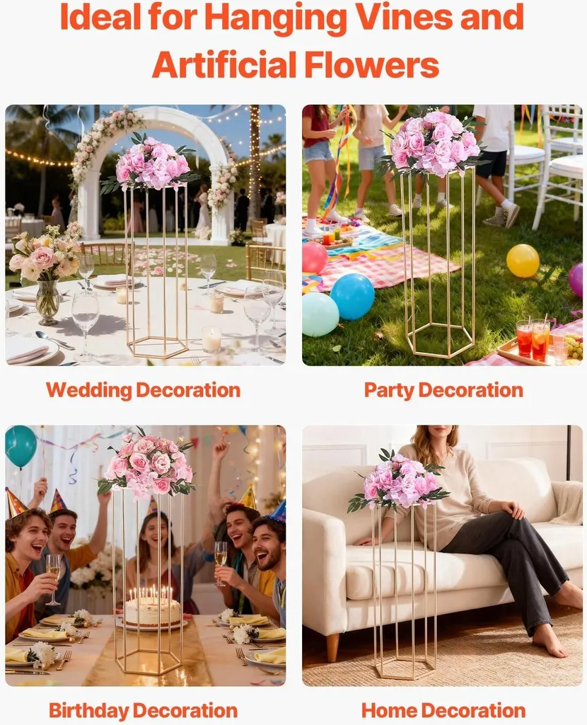 Centre de table mariage colonne dorée 80cm support fleurs hexagonal x10 - 6