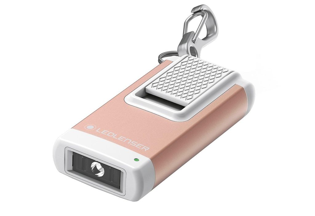 A rose gold LED Lenser keychain flashlight against a white background.