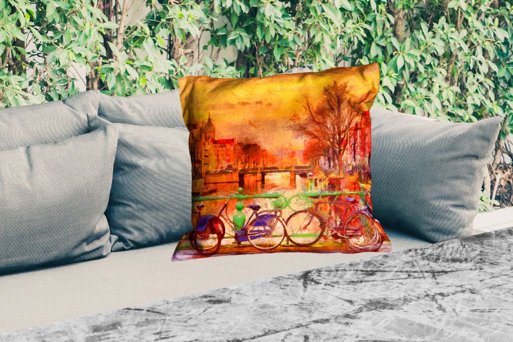 MuchoWow Outdoor Kissen - Gemälde - Fahrrad - Amsterdam - Gracht - Öl - 60x60 cm - Wetterfest - Lounge Kissen - Dekoration - Schlaf Kissen