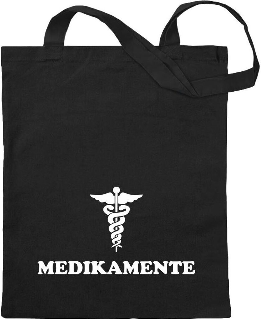 Kiwistar - Baumwolltasche - schwarz - Medikamente Arzt Box Hinweis - Tragetasche Stoffbeutel Umhängetasche Langer Henkel