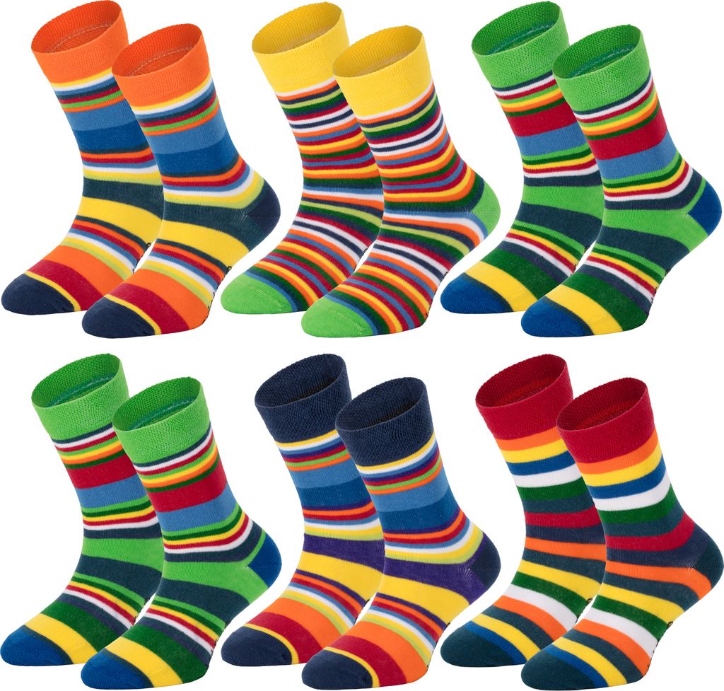 TippTexx 24 6 Paar Kinder Socken, handgekettelt, für Mädchen & Jungen, Gute Laune Ringel, Größe 35-38