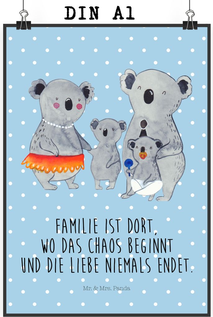Mr. & Mrs. Panda Bild Koala Familie DIN A1 - Blau Pastell - Geschenk, Quality Time, wanddeko, Plakat, Wanddekoration, Wandbild, Koalas, Kinder, typ...