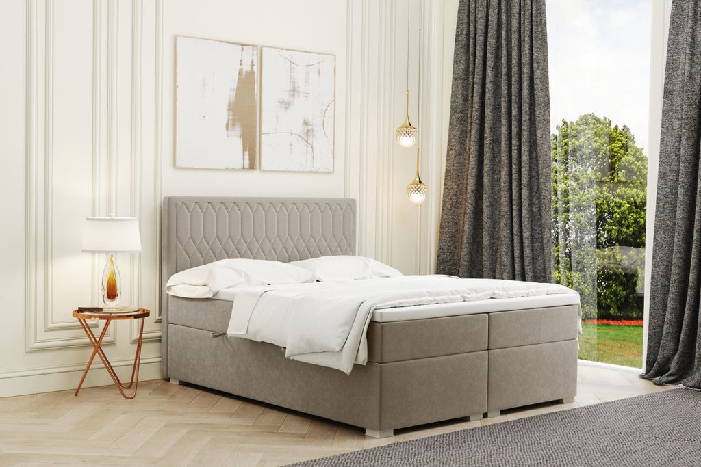 Kaiser Möbel Boxspringbett mit bettkasten und matratze + topper RIMINI stoff Riviera Beige 120x200 cm