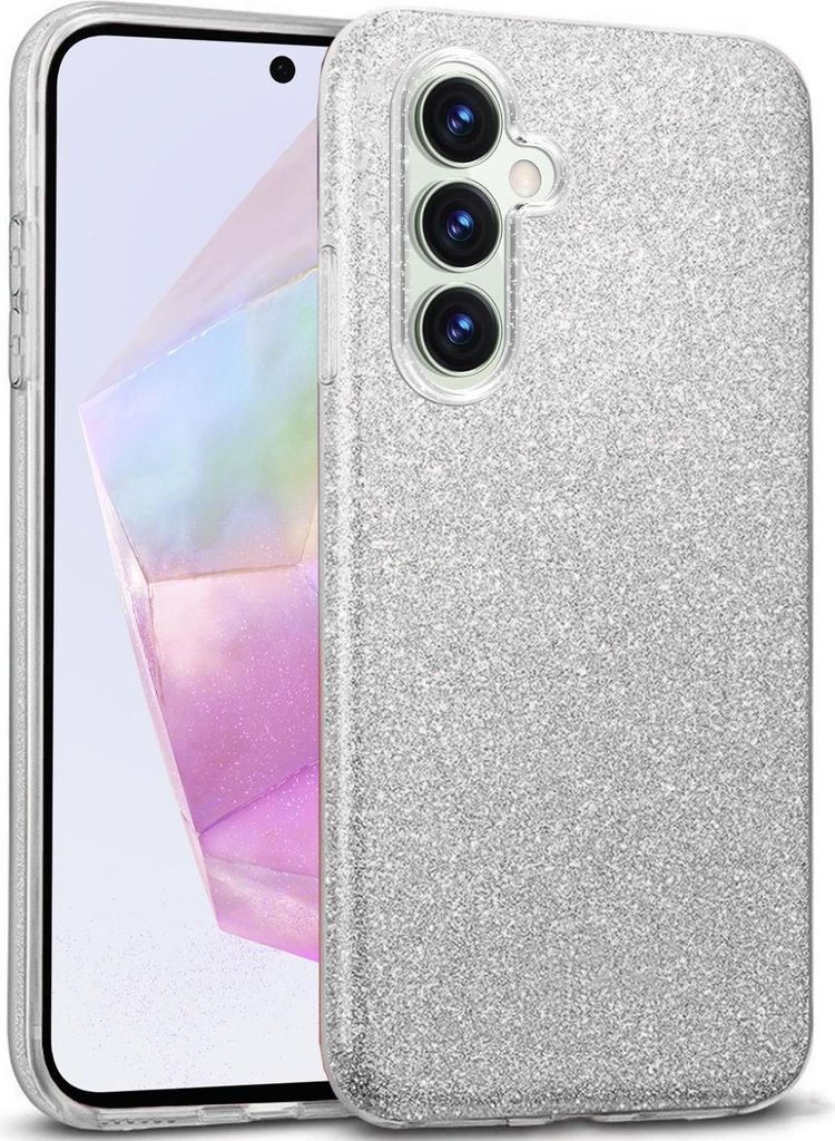 A silver glitter phone case is shown on a white background, with a smartphone inside it.