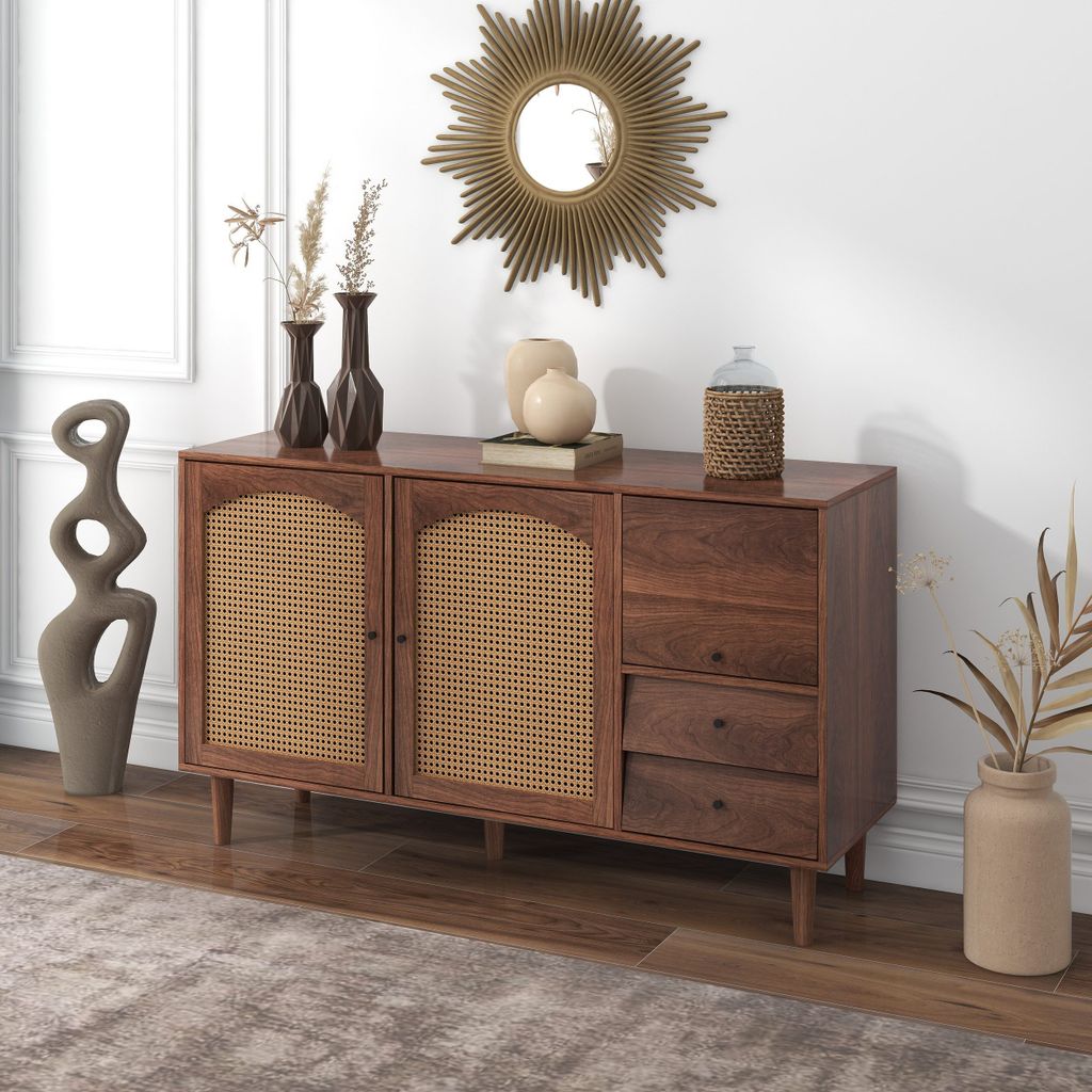 OPULHAUS Sideboard Kommode Mit Rattan Einsatz 130*75.5*40 cm mit 3 Türen und 2 unregelmäßigen Schubladen Esszimmer Anrichte Sideboard Küchensch...