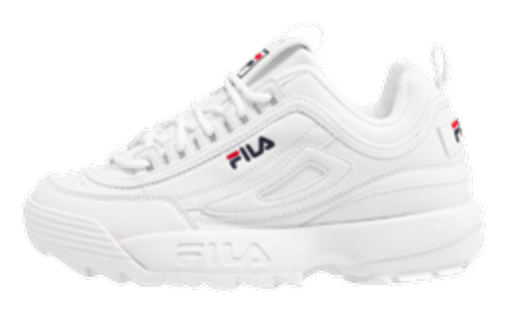 A white Fila Disruptor sneaker is shown from the side against a white background.