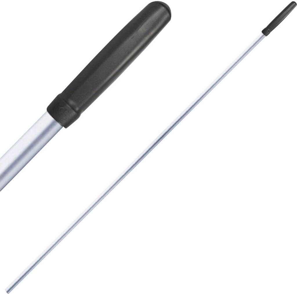 A close-up view of a mop handle with a black grip.