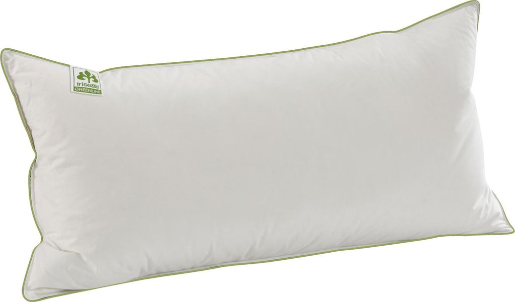 A white pillow with green trim and a green logo tag.