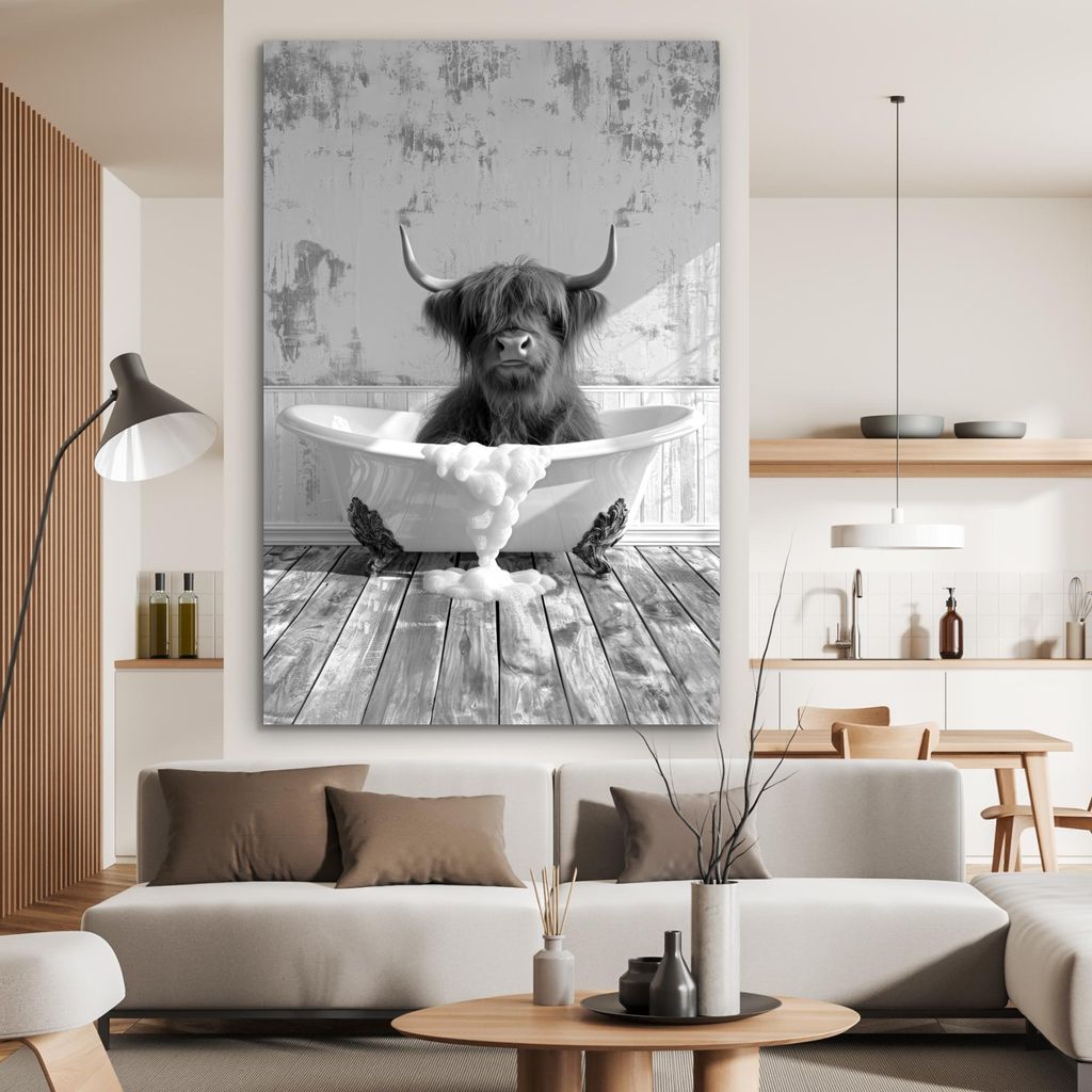 MuchoWow Wanddekoration Metall Metallbild Wandkunst 100x150 cm Scottish Hochlandrind - Tier - Badewanne - Schwarz - Weiß MuchoWow Aluminium Gemäl...