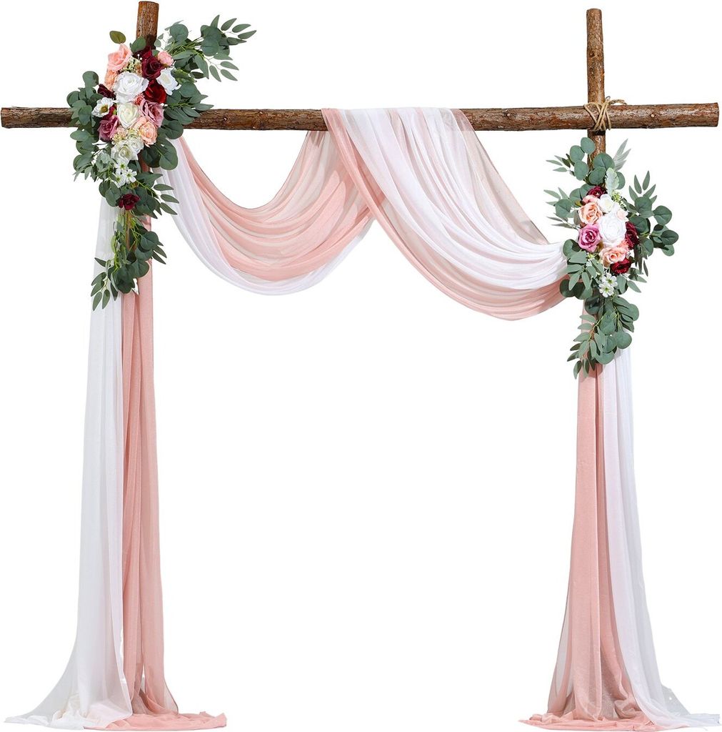 Hochzeit Bogen Blumen Set Traubogen Deko mit 2x Blumen 2x Vorhänge Rosa