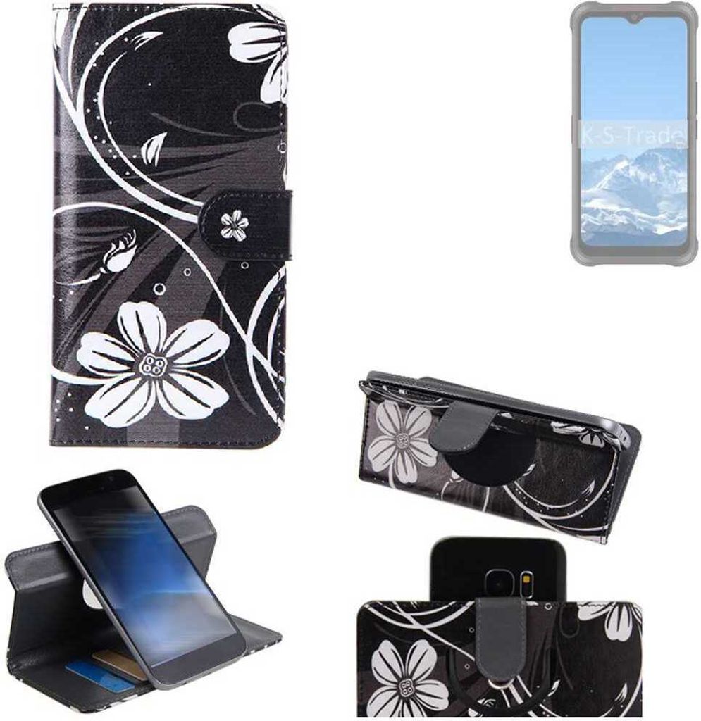 K-S-Trade Schutzhülle Handyhülle kompatibel mit AGM Glory Pro Hülle 360° Wallet Case “Flowers“ Klapphülle Hülle schwarz-weiß 1x
