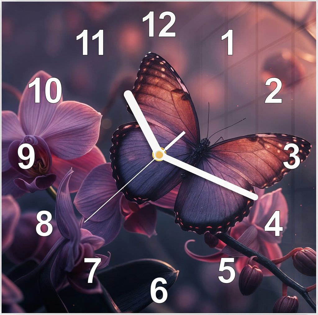 Wanduhr aus Glas mit Motiv Schmetterling Blüte- 30 x 30 cm - inkl. Aufhängesystem