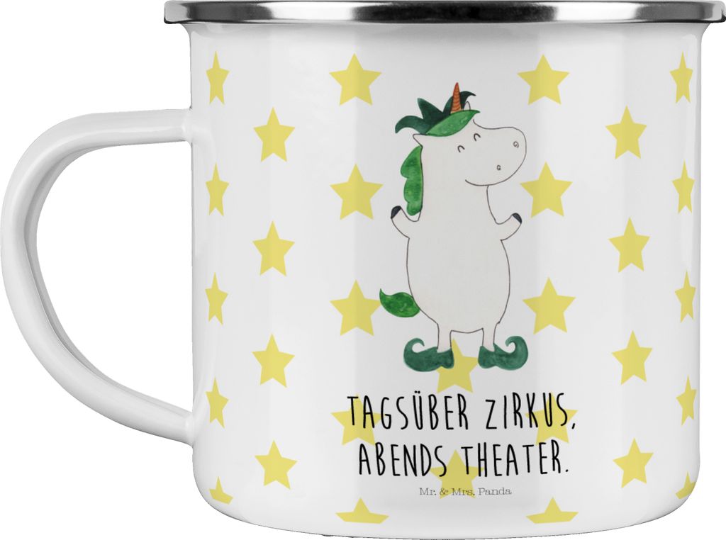 Mr. & Mrs. Panda Pott Einhorn Joker - Weiß - Geschenk, Mittelalter, Emaille Tasse, Outdoor, Emailletasse, Einhörner, Hofnarr, Unicorn, Haferl, Ka...