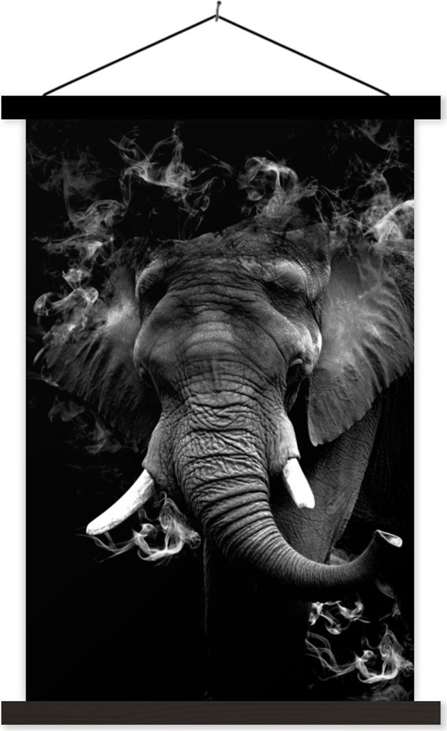 MuchoWow Textilposter Elefant mit Rauch vor schwarzem Hintergrund - schwarz und weiß 60x90 cm mit schwarzem Rahmen - Poster Wohnzimmer