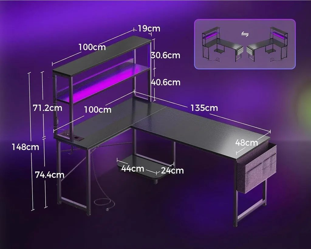 Grand bureau informatique en L avec éclairage LED et prises USB intégrées - 3