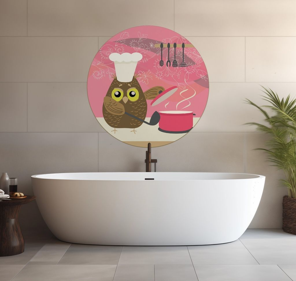 Wallario wasserfestes Poster selbstklebend 90 x 90 cm, Lustige Eule beim Kochen mit Kochmütze, Badezimmerposter Spritzschutz mit Hochglanzoberflä...