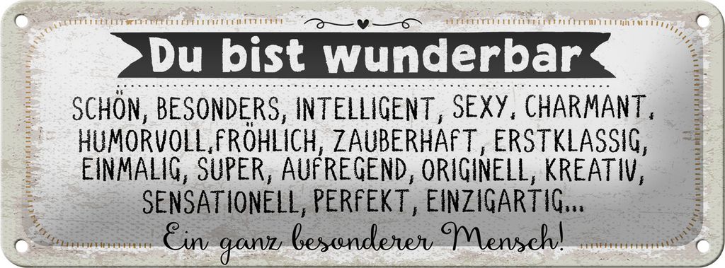 Blechschild du bist wunderbar, ein ganz besonderer Mensch, 27 x 10 cm, Blechschilder Spruch Glück Weisheit